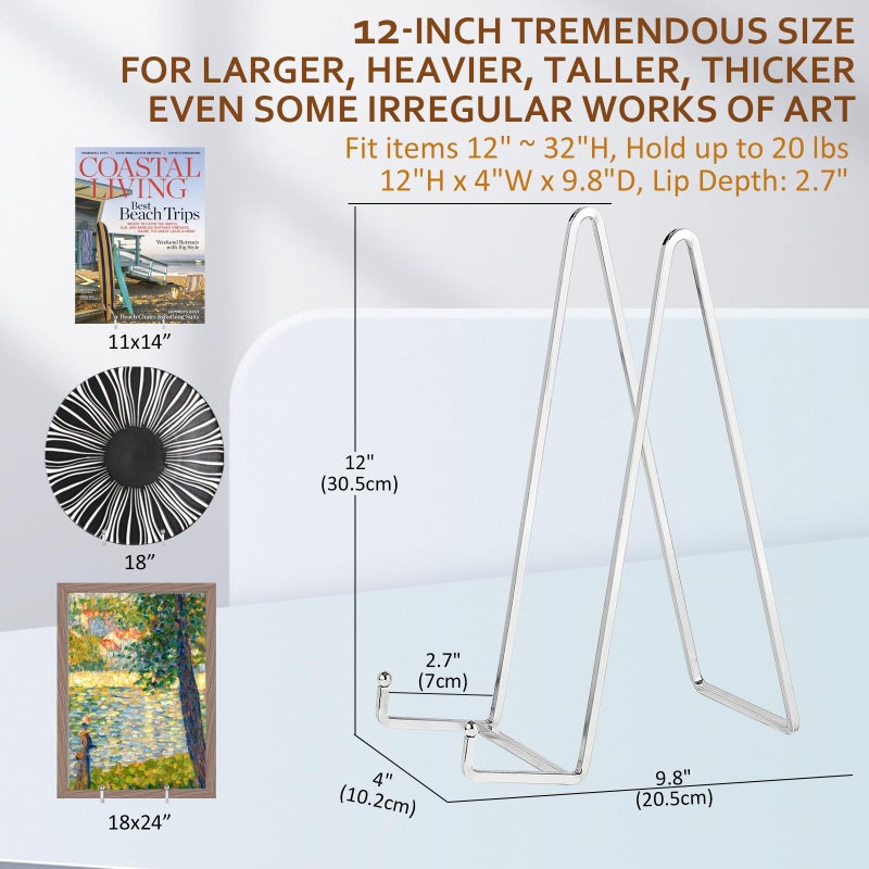 DIDUDIDU Large Plate Holder Display Stand - 12 inch Super Tall Big Plate Stands for Heavy Duty Display - Metal Picture Frame Stand - Tabletop Easel Stand for Decorative Platter | Plaque | Book - 2 Pack -Silver - Image 2